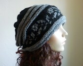 Hand knit slouch hat with flowers, rose pattern in black and gray