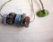 6 Handmade Rustic Shabby Chic Painted Porcelain Clay Beads, Green Blue Red Antique Gold No.94