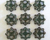 9 vintage faucet handles, vintage valve handles, spider, rustic, primitive, iron,  237A, green water knobs, metal spigot handles