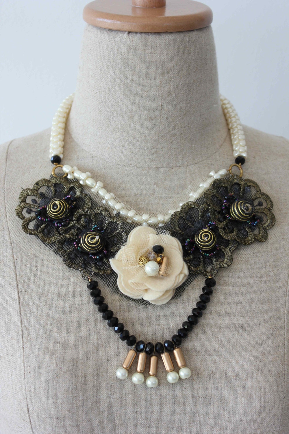 ON SALE Gold Flower Garden Multi-strand Bib Necklace with Pearls and Crystals