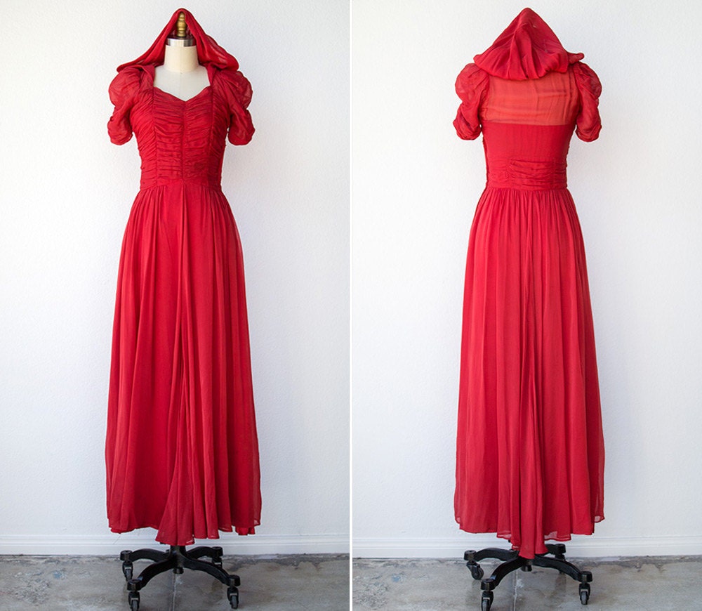 vintage 1940s gown / vintage 40s dress / red silk chiffon dress / hooded 1940s formal dress