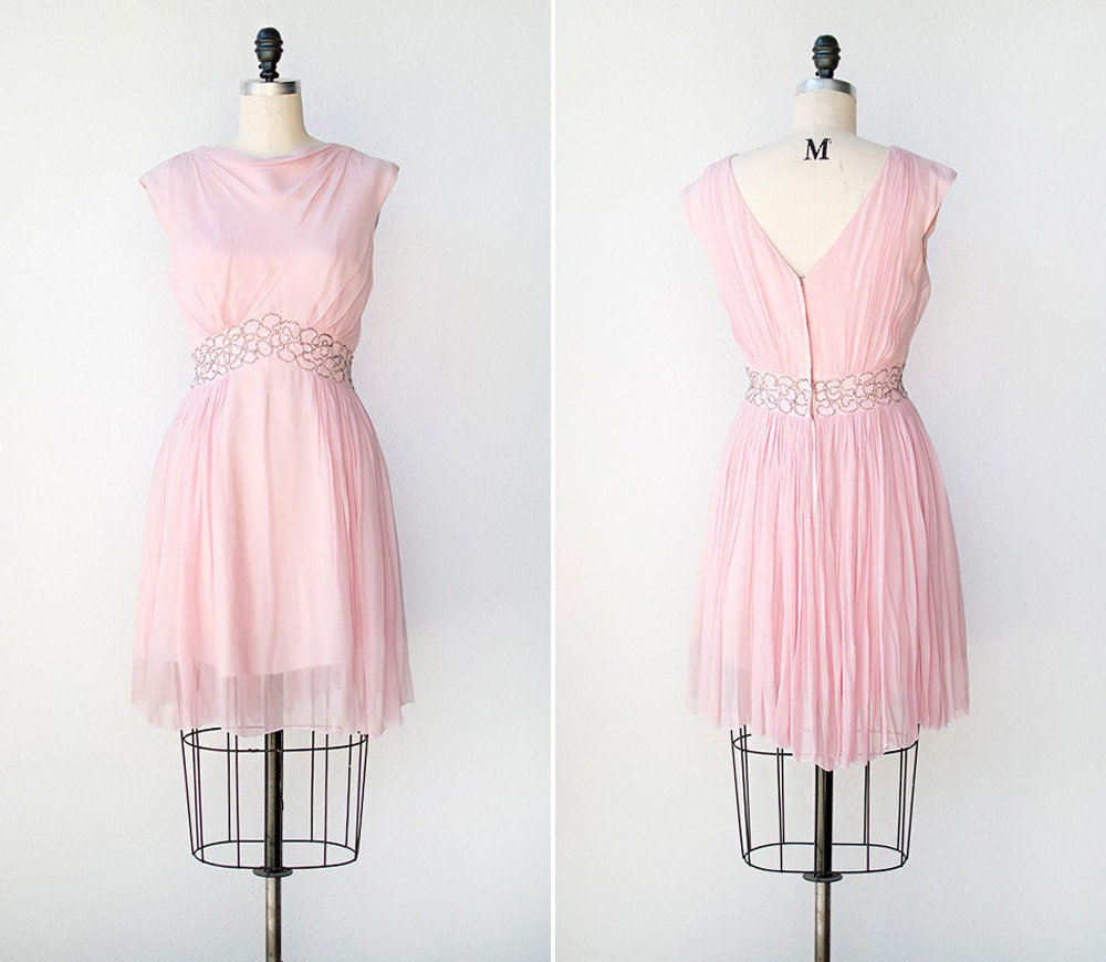 vintage 1960s pink chiffon beaded dress / vintage 1960s party dress / Pirouettes Dress