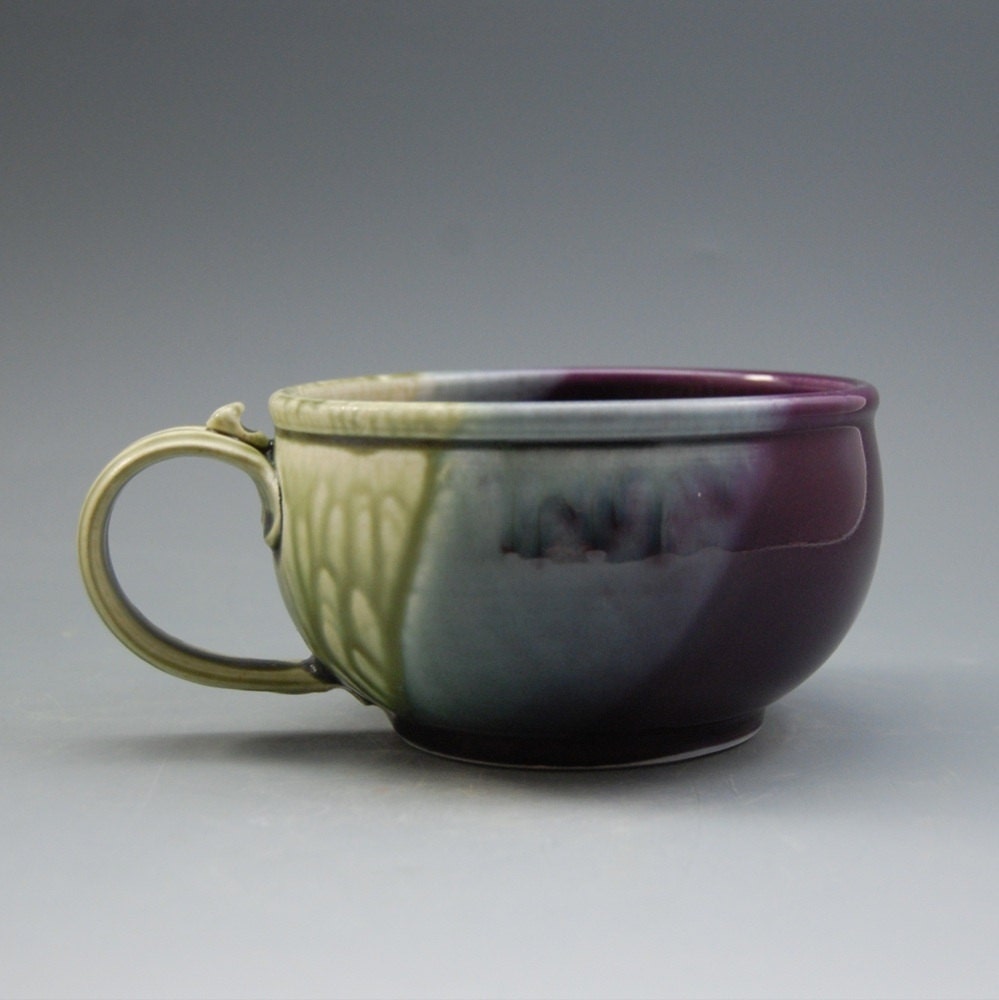 Soup Bowl with Handle Eggplant Purple Fern Green Porcelain Handmade by Mark Hudak