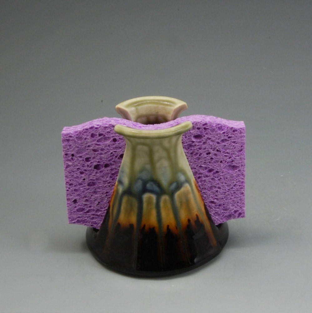 Pottery Sponge Holder Brown Fern Blue Porcelain by Mark Hudak