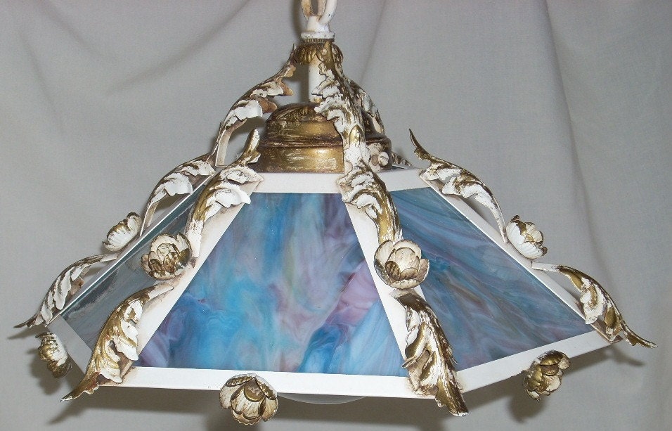 Tole Toleware and Slag Glass Pendant Light Chandelier