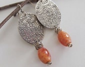 Sterling Silver Earrings, Orange Fire Agate Earrings, Textured Silver Earrings, Orange Stone Dangle Earrings, Gemstone Drop Earrings