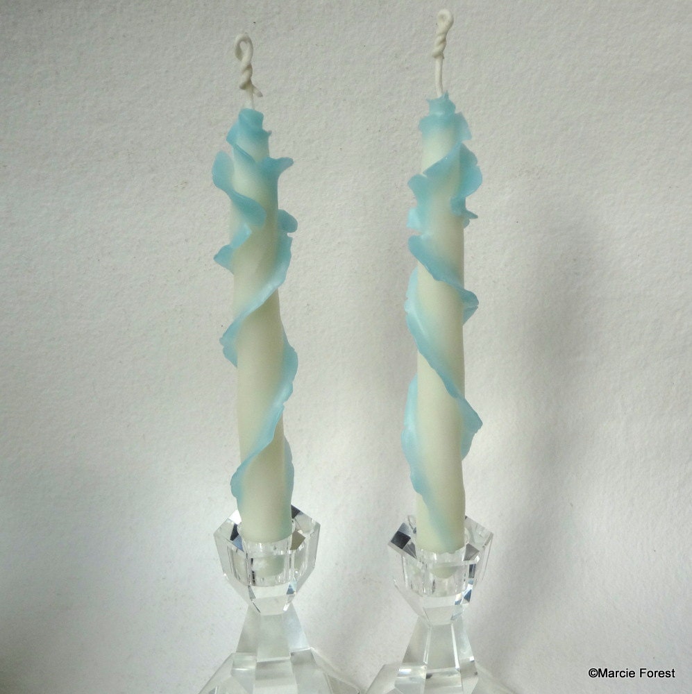 White Rose Taper Candles with Blue Edging - Engagement Gift, Mother's Day, Wedding, Home Decor - Unique Beeswax Candles by Marcie Forest