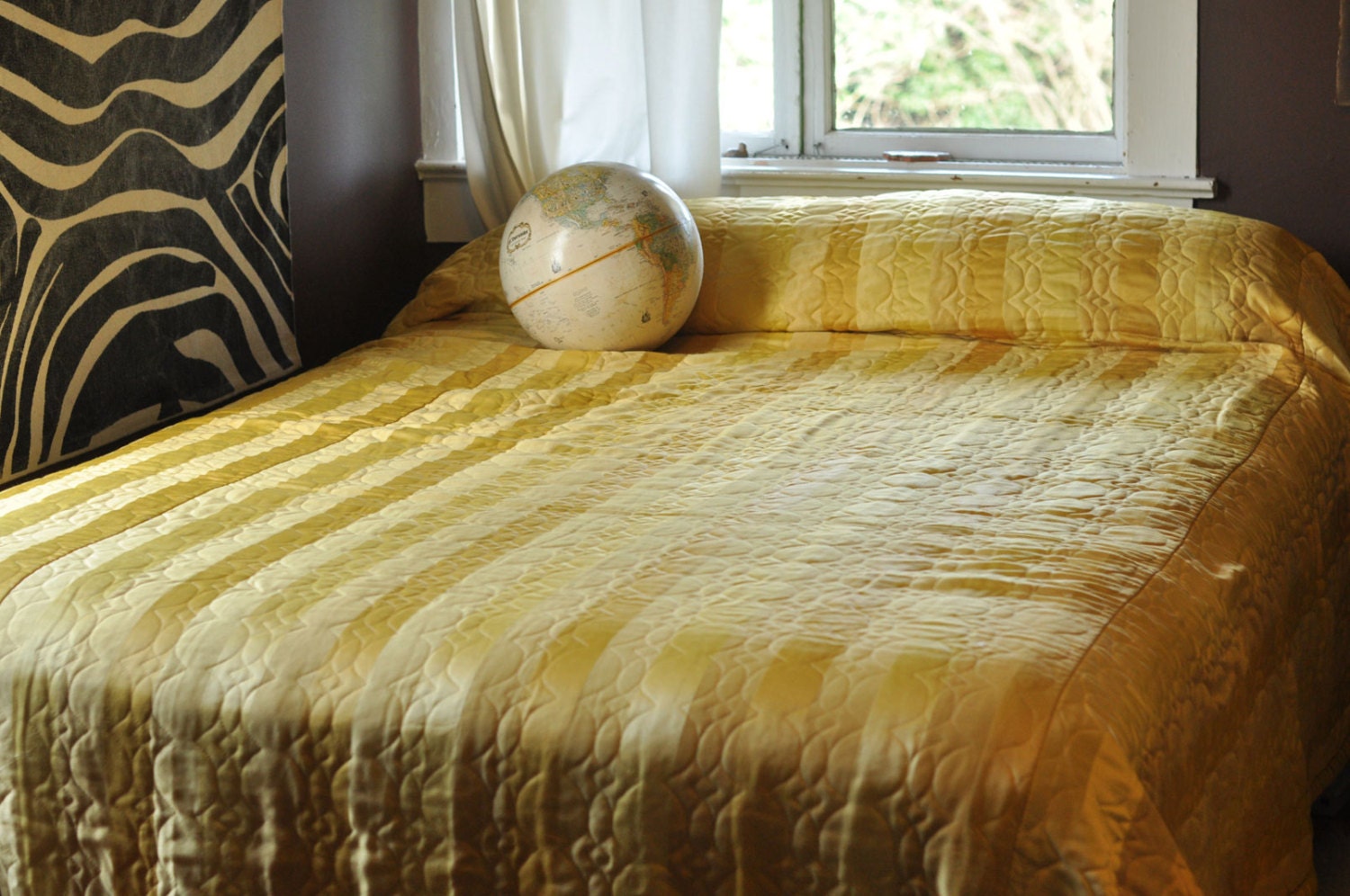 Vintage 1970s Shiny Yellow Striped Mid Century King or Queen Bedspread