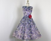1950s Dress - Vintage 50s Dress - Lavender Floral Chiffon Cocktail Party Princess Dress S - Come Rain Come Shine