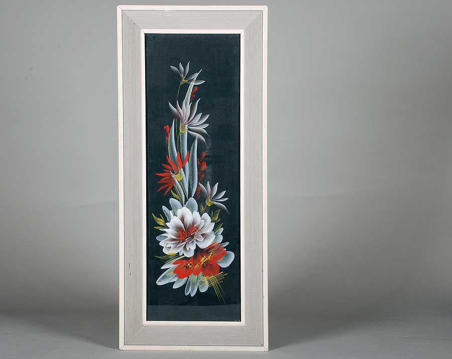 Vintage Hollywood Regency Asian Handpainted Floral in Red White and Black