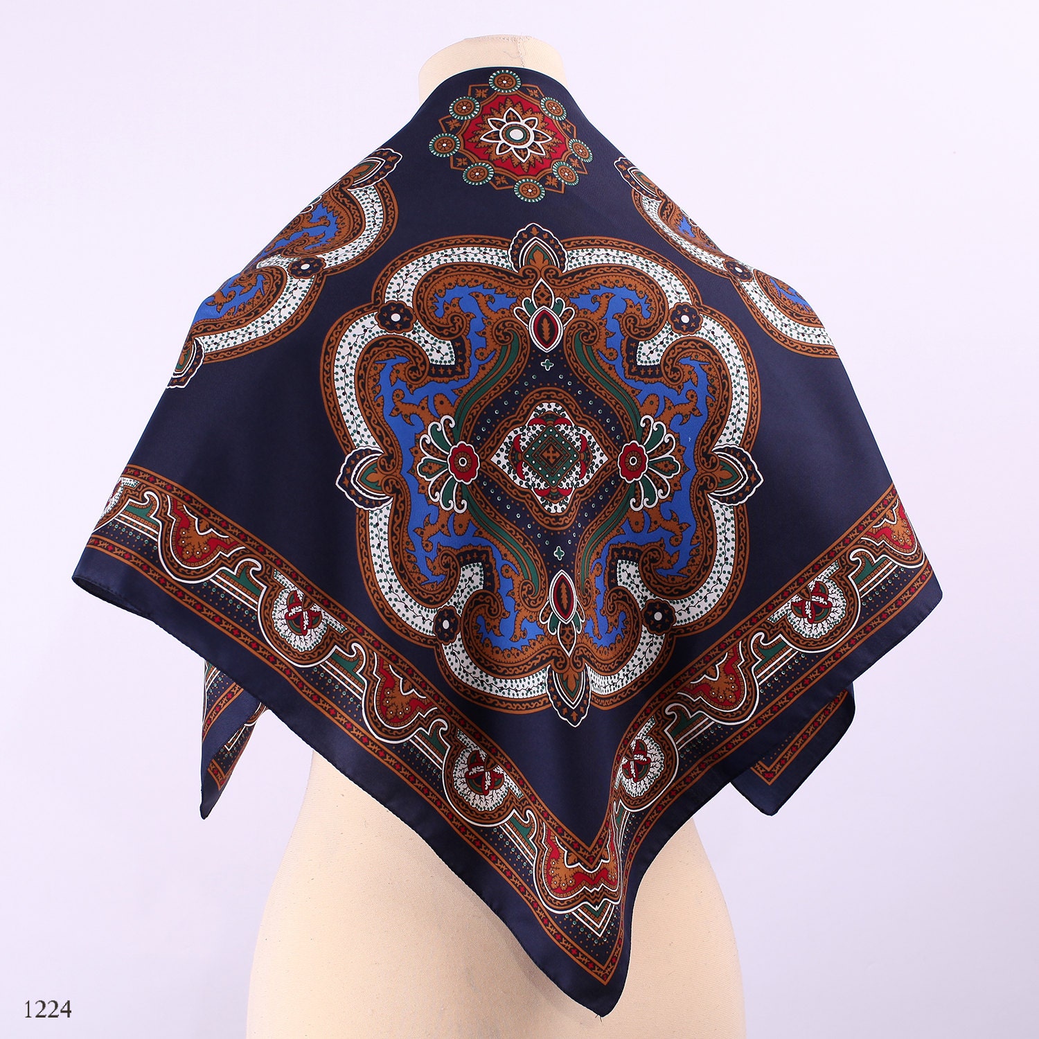 Vintage 80s Oriental Scarf / Persian Print Scarf in Navy