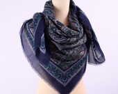 Extra Large 80s Russian Babushka Blue Paisley Scarf or Wrap