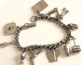 Vintage Charm Bracelet Silver Colored Wrist, Cuff Bracelet - 12 Charms