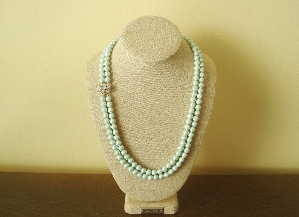 Vintage 21-22" aqua pearl necklace, Laguna 2-strand 7.5mm pearl, rhinestone clasp