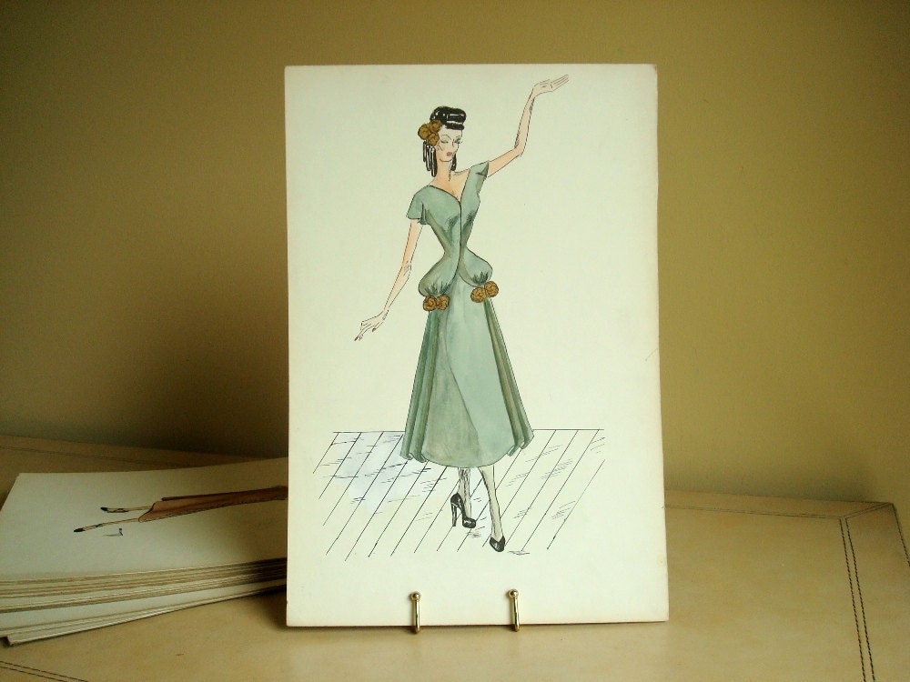 Original fashion illustration, Jade Green, 1940s watercolor & ink rendering