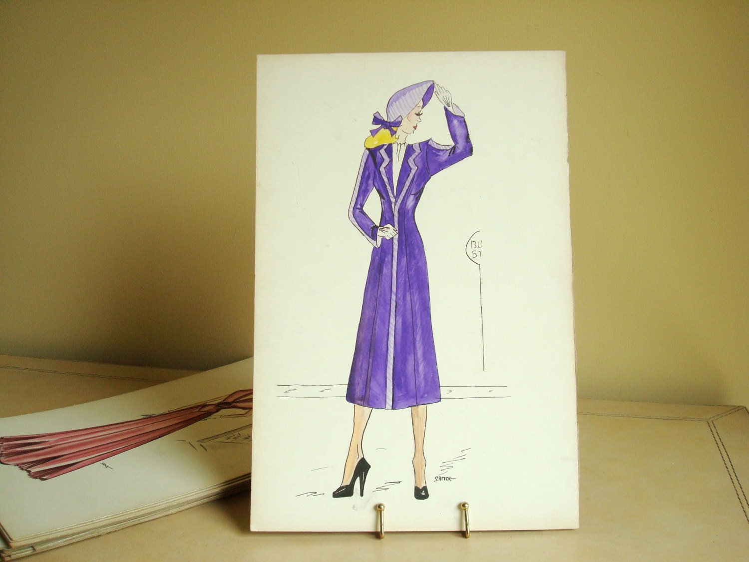 Original 1948 watercolor fashion illustration, Bus Stop, hand-drawn fashion art