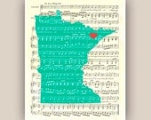 Minnesota State Map Art Print, on old sheet music 8x10 Print, customizable hearted city, map silhouette wall art, home decor