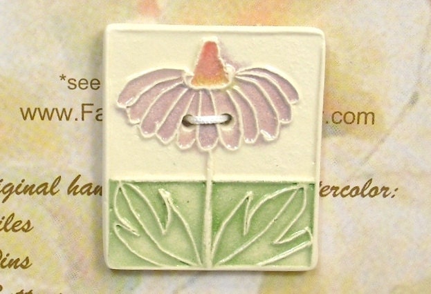 BIG Beautiful CONEFLOWER handmade ceramic 2 hole lg button lavender violet burnt orange sage watercolor glaze by Faith Ann Originals 2"