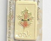 OAK LEAF handmade ceramic OOAK 2 holed button decorative mint green rust red heart raised textured white clay by Faith Ann Originals