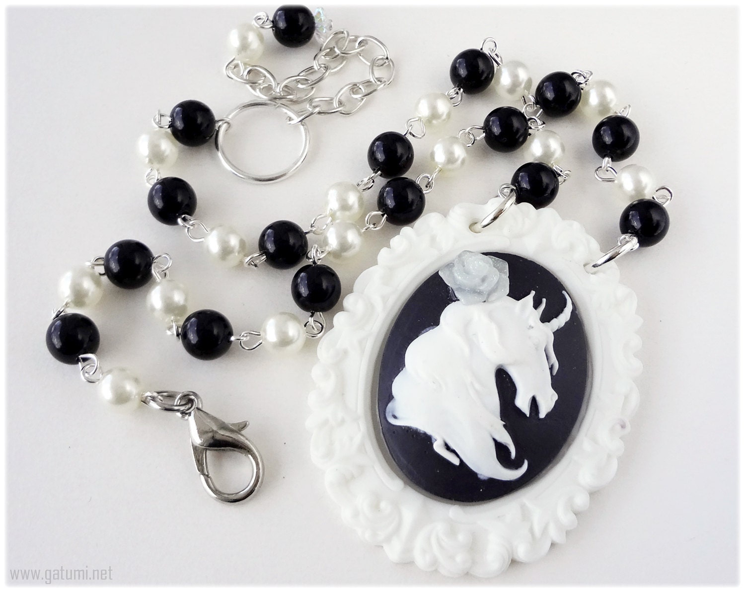 Unicorn Necklace, Black and White Cameo Pendant, Silver - Gothic Lolita, Pinup Girl