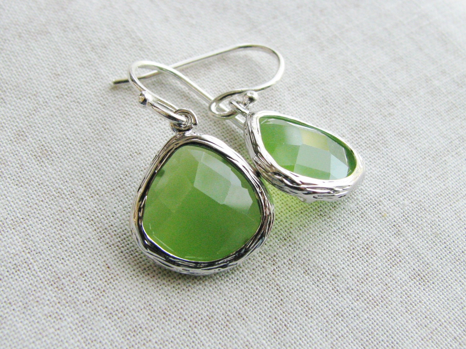 Bezeled Glass Earrings Green Apple Peridot Framed Teardrop Briolette Minimalist Modern August Birthday Bridal Jewel Sterling Silver Earrings