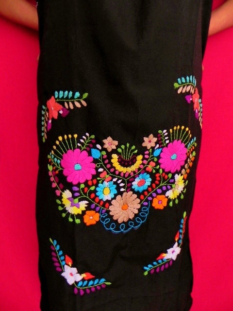 Mexican Long Dress Black Very Elegant Embroidered Handmade Spring / Summer Medium