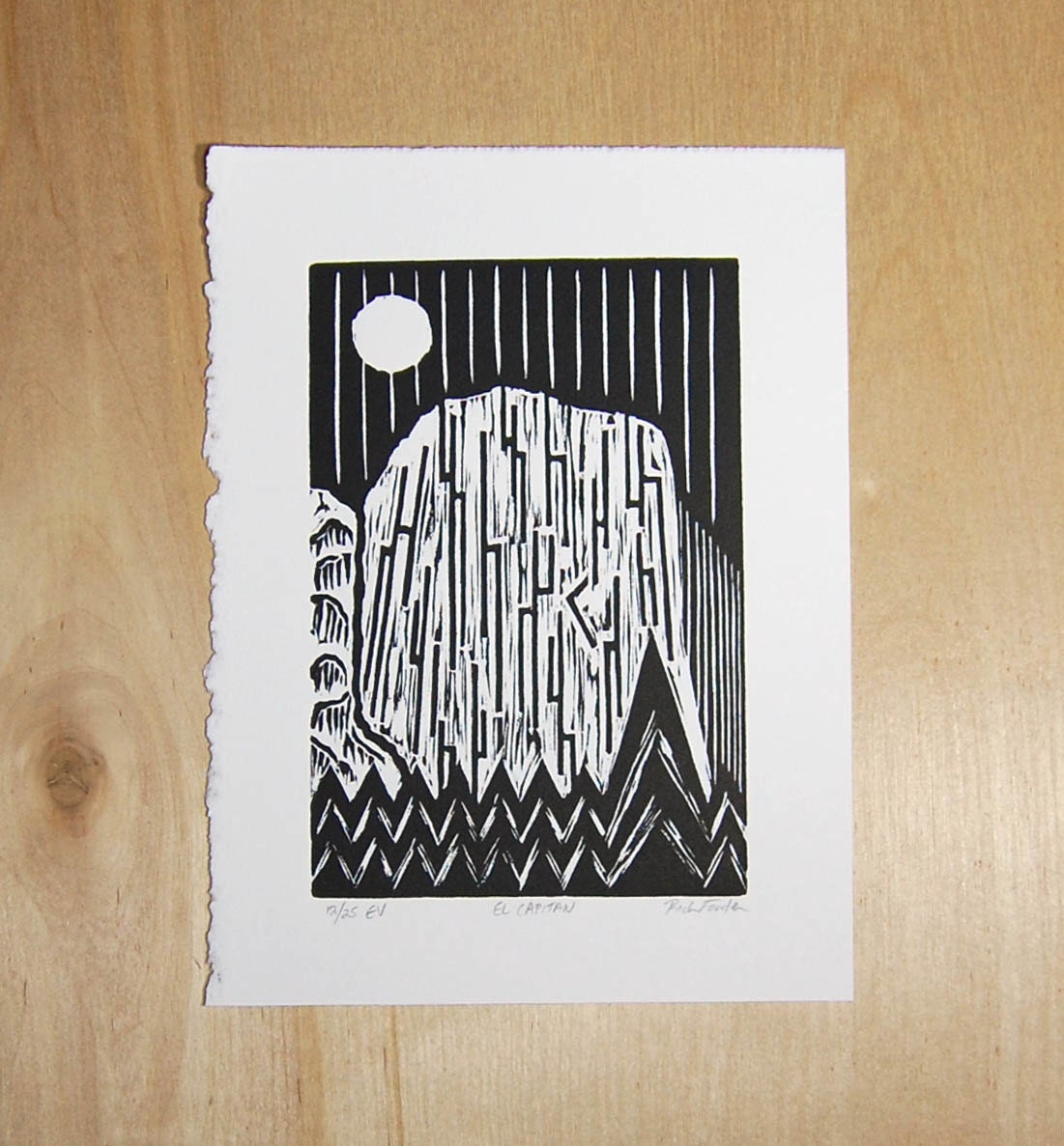 El Capitan, Yosemite, California - Woodblock Print (Black & White)
