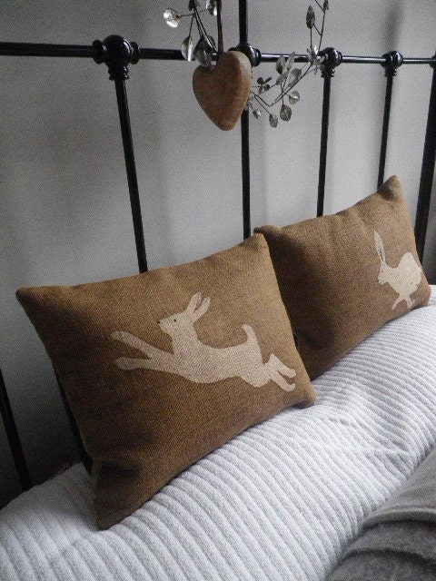 hand printed hare pair cushions