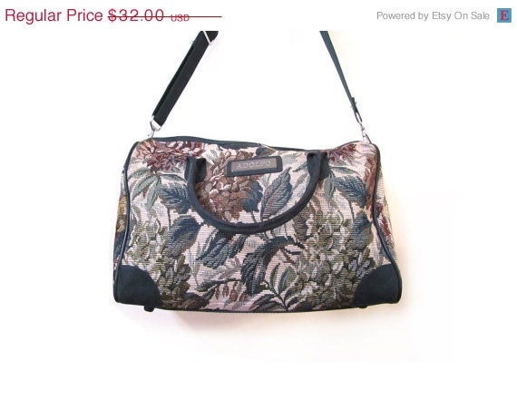 SALE 40% OFF Vintage Green Floral Tapestry Travel Weekender Duffel Bag