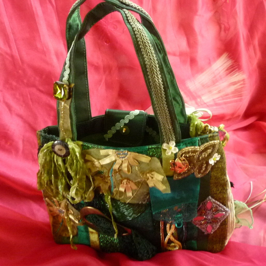 Green Gypsy Shabby Purse, Boho Bag, Retro Tote
