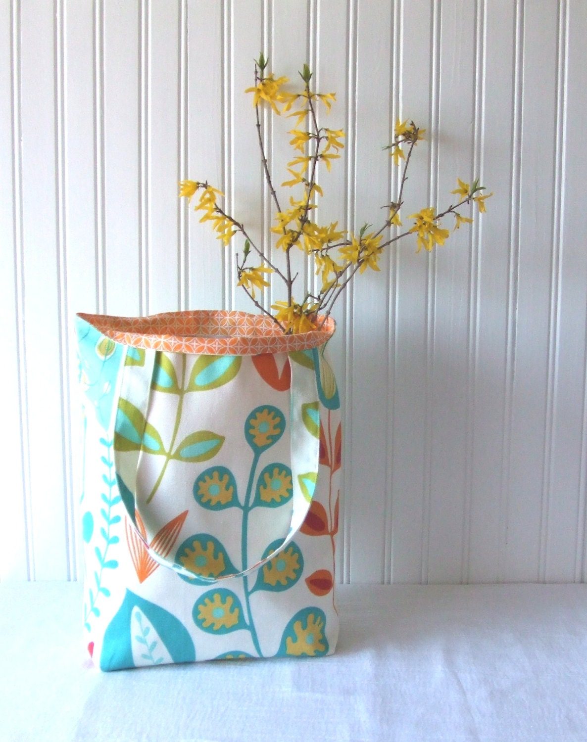 Summer Blooms Floral Tote Bag in Aqua Blue, Orange, Garden Green - Spring and Summer Book Bag Totebag, Carry All Bag