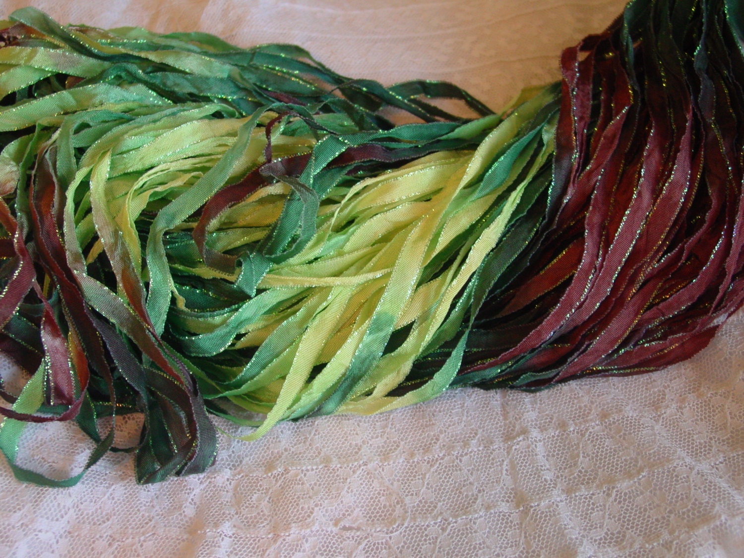 NeW - Hand Dyed ribbon RAINFOREST glitters, 5 yards