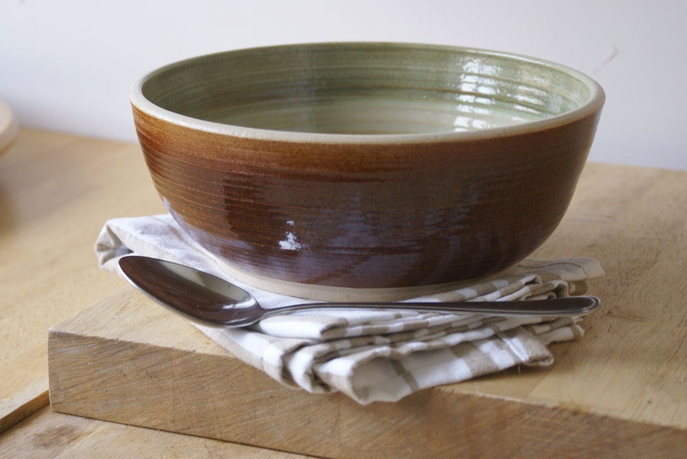 Large handmade salad bowl - wheel thrown stoneware pottery bowl in green and brown