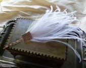 Great Gatsby Art Deco Rhinestone Hair Pin - White Ostrich Feather Fascinator Headpiece