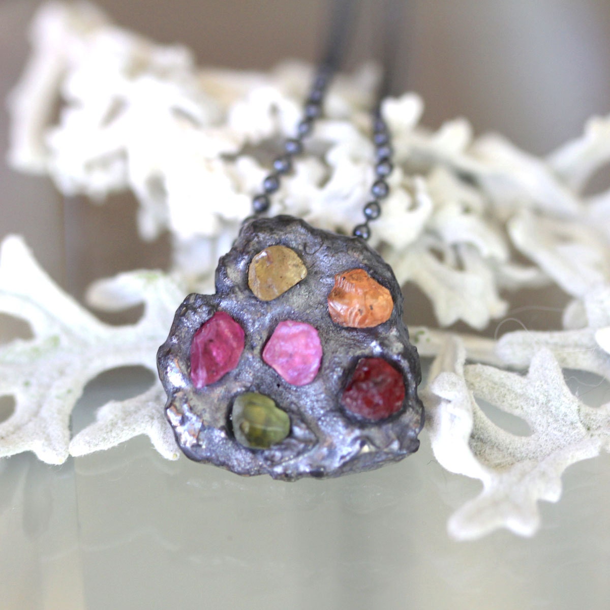 Colorful Rough Sapphire In Recycled Sterling silver Necklace (H) - Ready To Ship