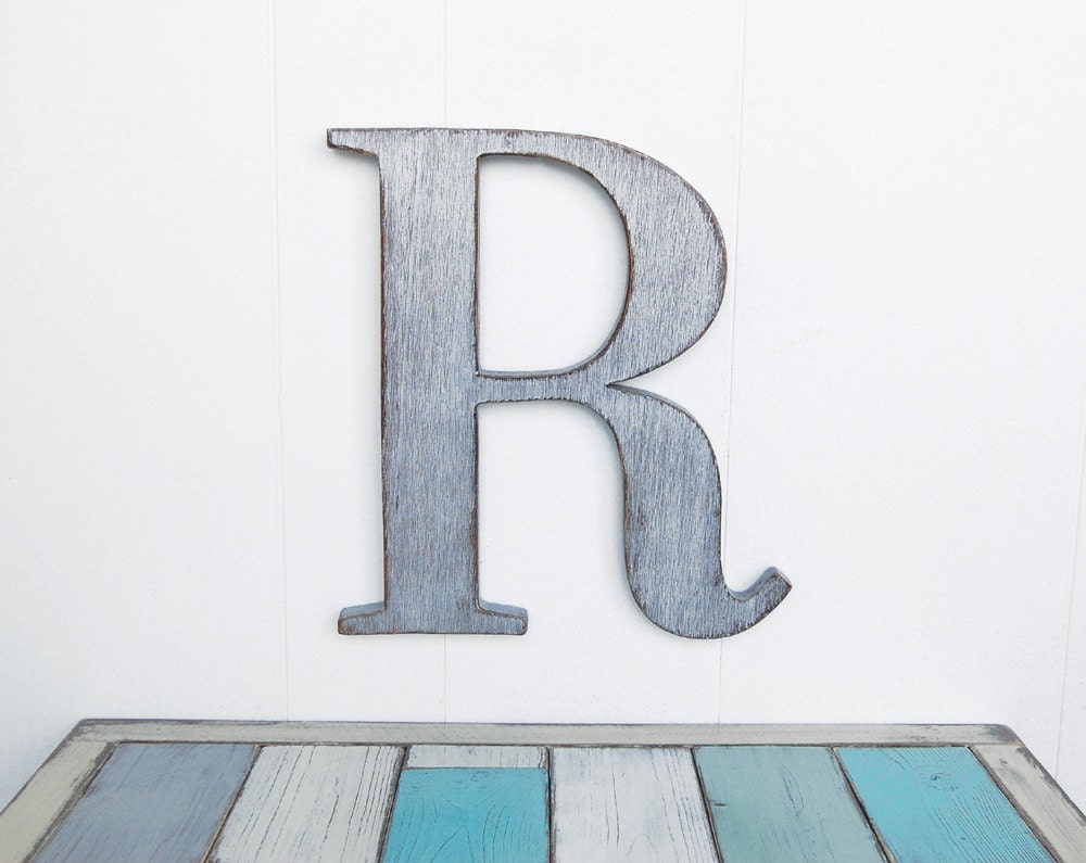industrial style wooden letters R distressed Metallic Silver or your choice