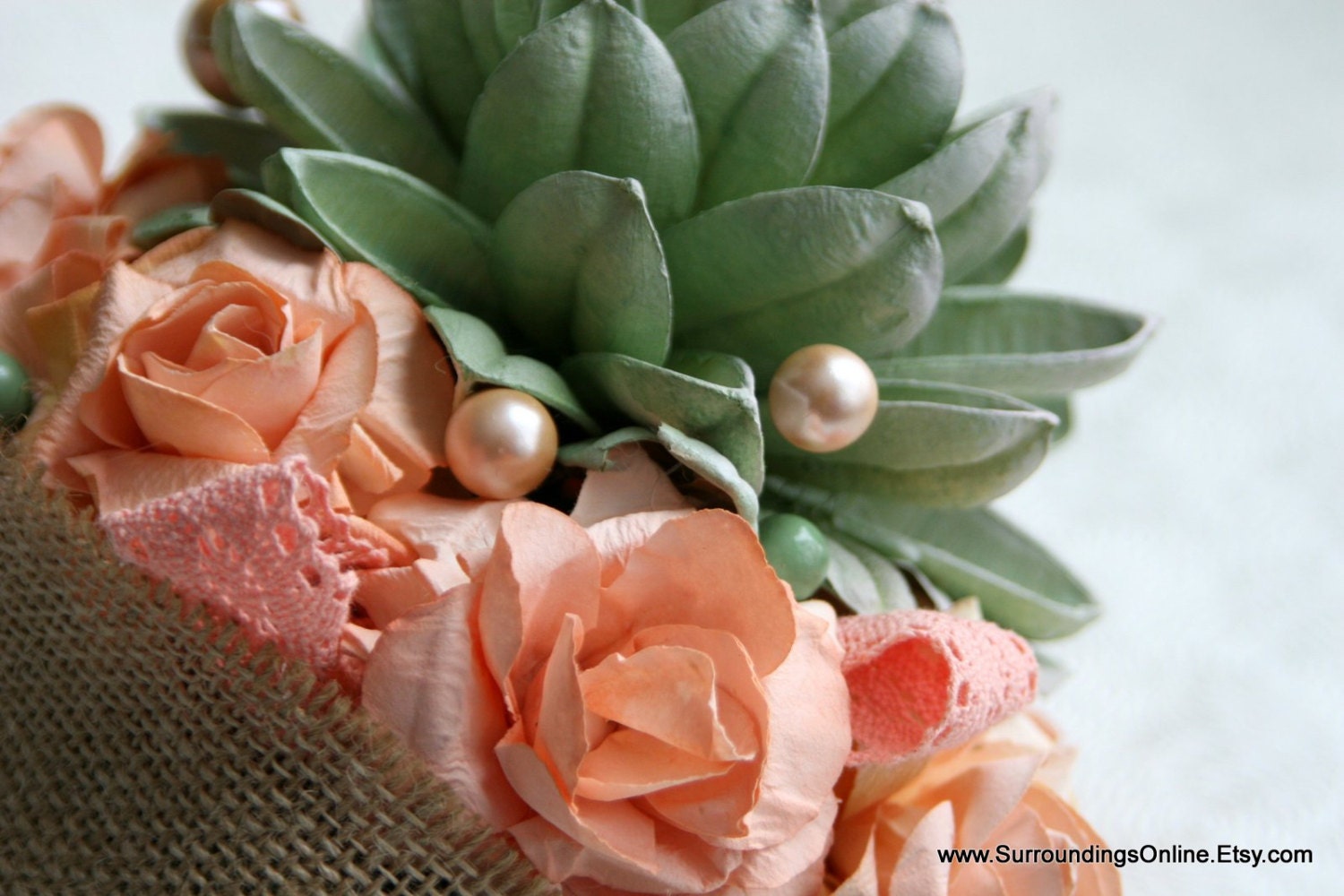 Everlasting Succulent Bouquet - Mint and Pastel Coral and Peach with Burlap