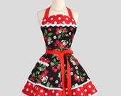Ruffled Retro Apron - Sexy Womens Apron in Pinup Cherries and Red White Polka Dots Cute Handmade Full Kitchen Apron