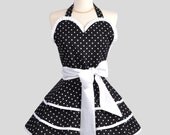 Sexy Retro Pinup Apron : Handmade Sexy Ruffled Black with White Dots