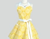 Sweetheart Retro Apron - Sexy Flirty Womens Apron in Taza Buttercup Yellow Damask Cute Full Kitchen Apron