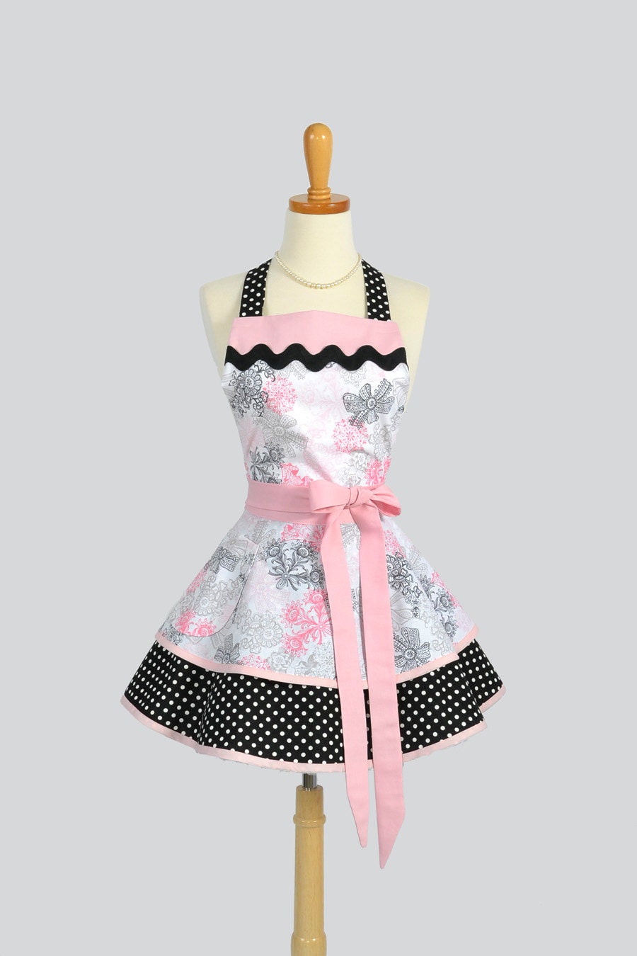 Ruffled Retro Apron / Handmade Flirty Full Womens Apron in Delicate Fabric Pattern Called Wedding Lace and Black and White Dots