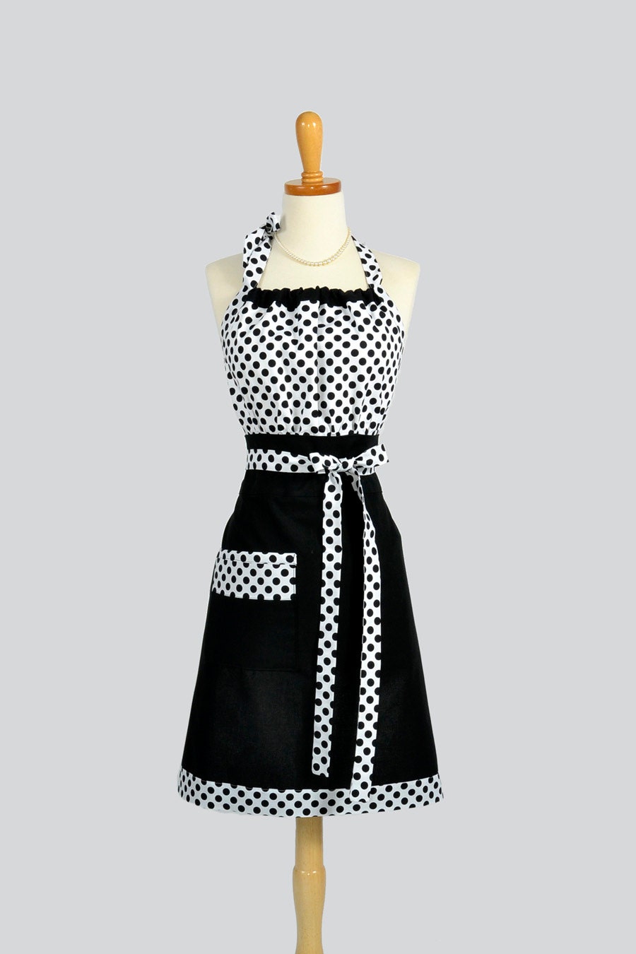 Cute Kitsch Retro Apron / Handmade Full Womens Cooking Apron in  Black and White Solids and Dots