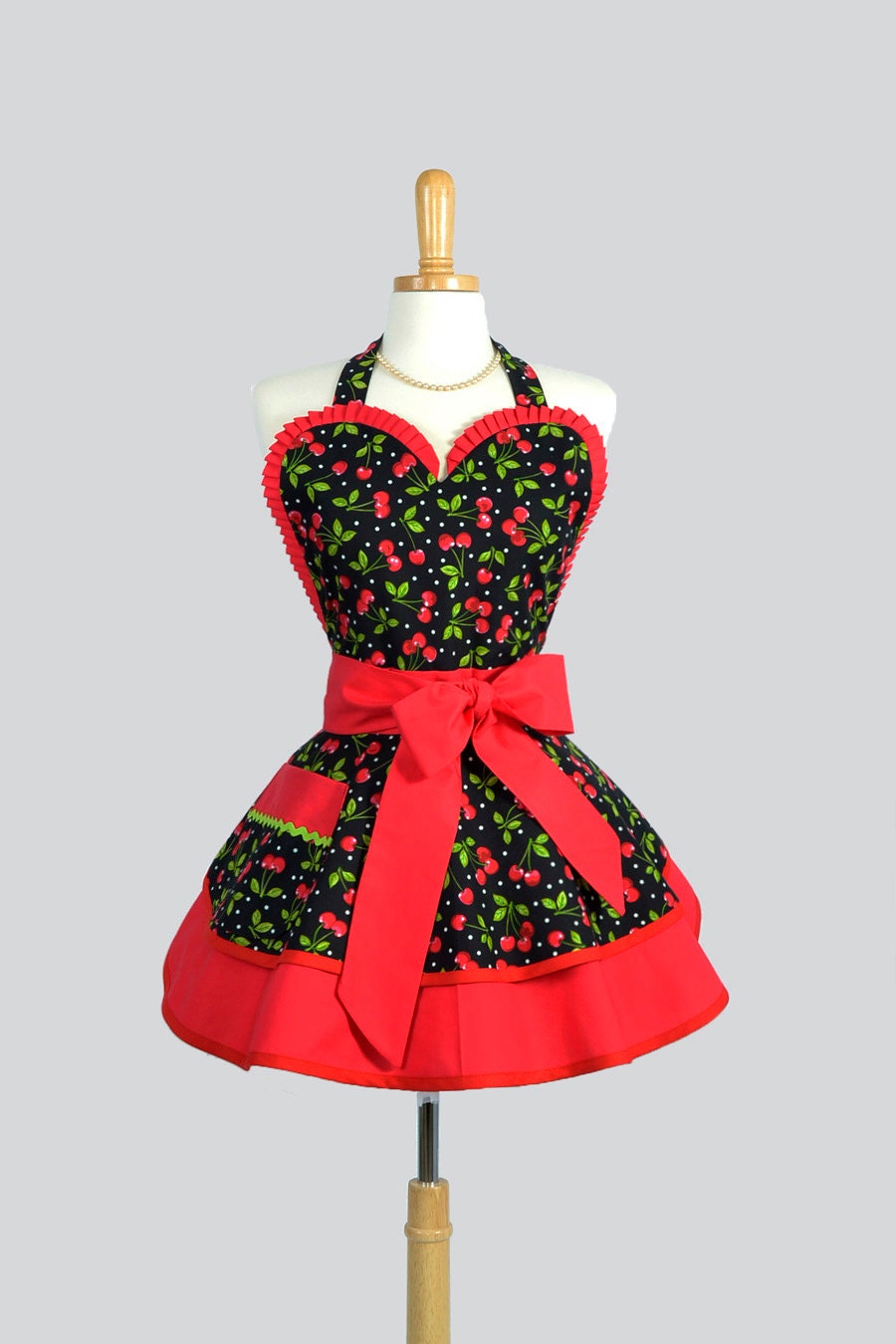 Sexy Retro PinUp Apron : Flirty and Cute Ruffled Sweetheart Apron in Red Cherry and White Dot on Black in Vintage Style Doubled Skirt