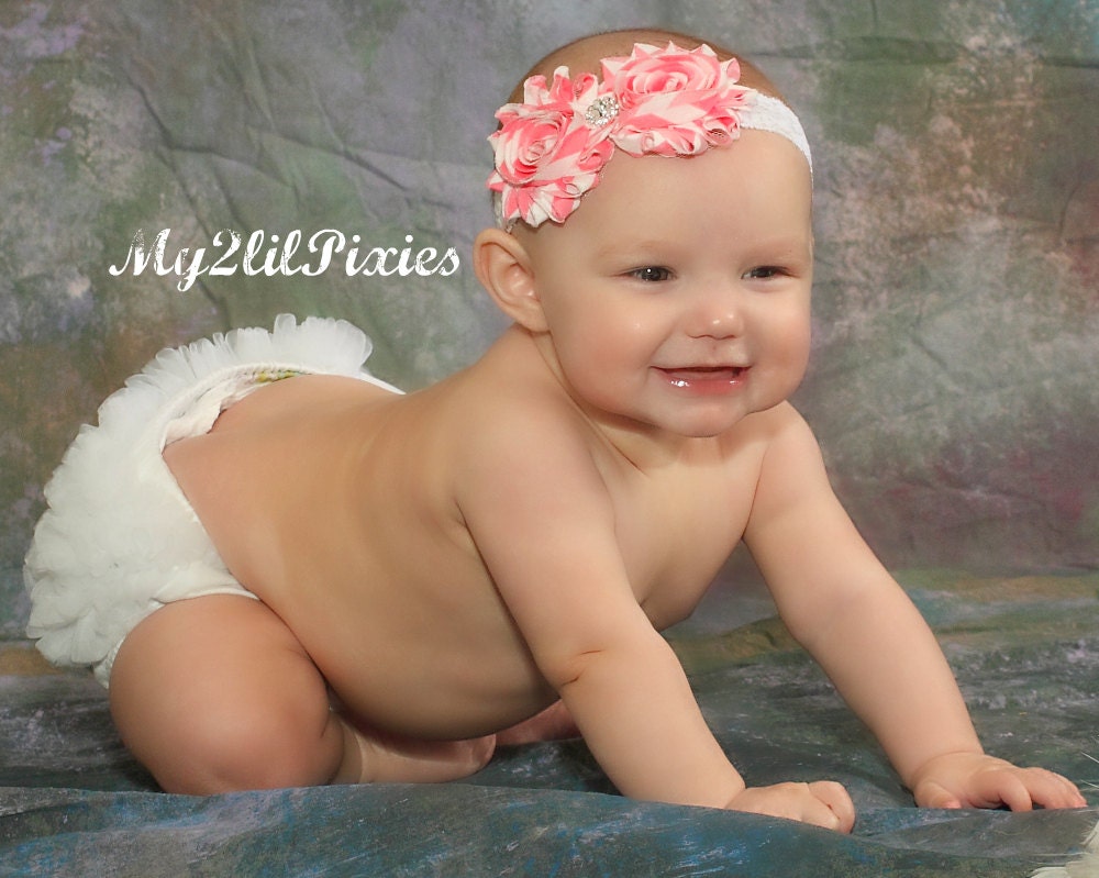 Set- Ruffle Bum Baby Bloomer and Inspired Vintage Shabby Chic Frayed Chevron Flowers  White Lace Stretch Headband-