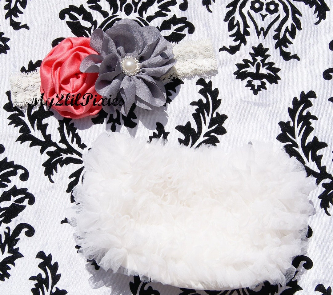 Baby Girl Set- Ruffle Bum Baby Bloomer and Inspired Vintage Shabby Chic Frayed Flower Pearl Center on Lace Stretch Headband-