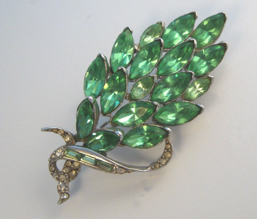 Vintage Green Rhinestone Brooch Large Pin