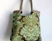 Green damask tapestry tote bag with burlap