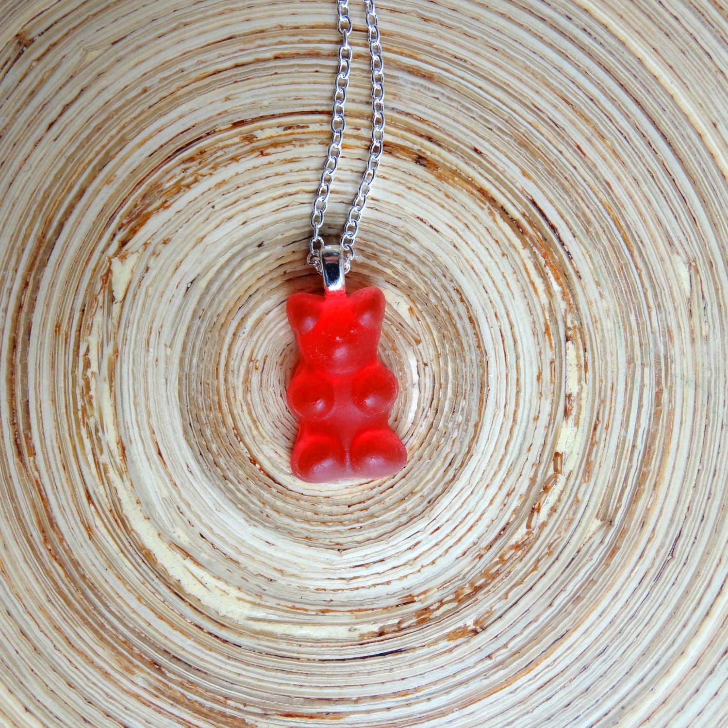 Gummy Bear Necklace Pendant 22" Sterling Silver Chain 925 Red Strawberry Cherry