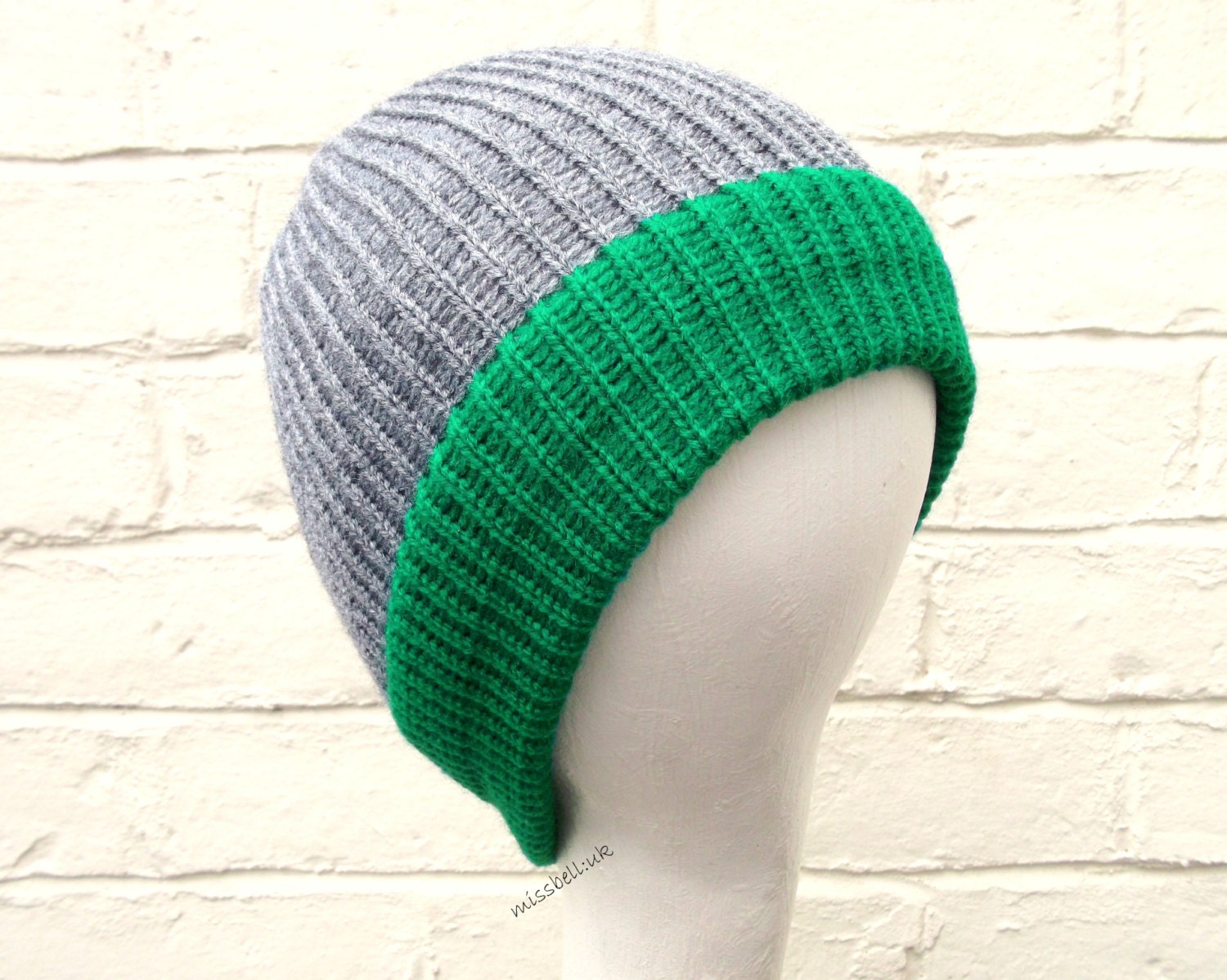 Green gray beanie hat, mens knitted hat, dipped menswear, guys fashion.