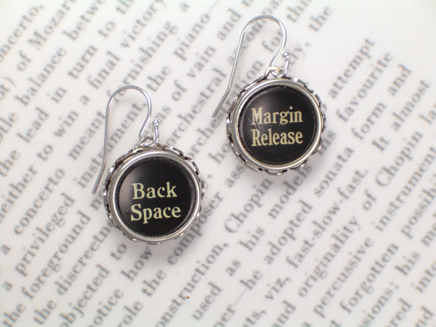 Typewriter Key Dangle Earrings Margin Release and Back Space  - Typewriter Jewelry From Haute Keys